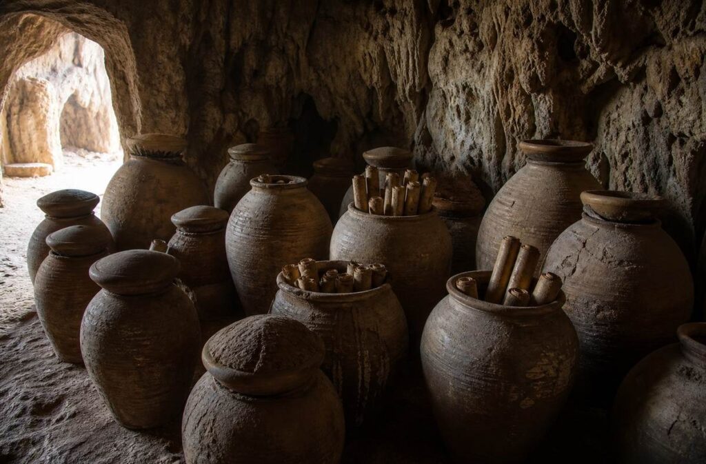 Ancient clay jars arranged in a dark limestone cave, some sealed with bowl-shaped lids, holding rolled scrolls in dim atmospheric light.