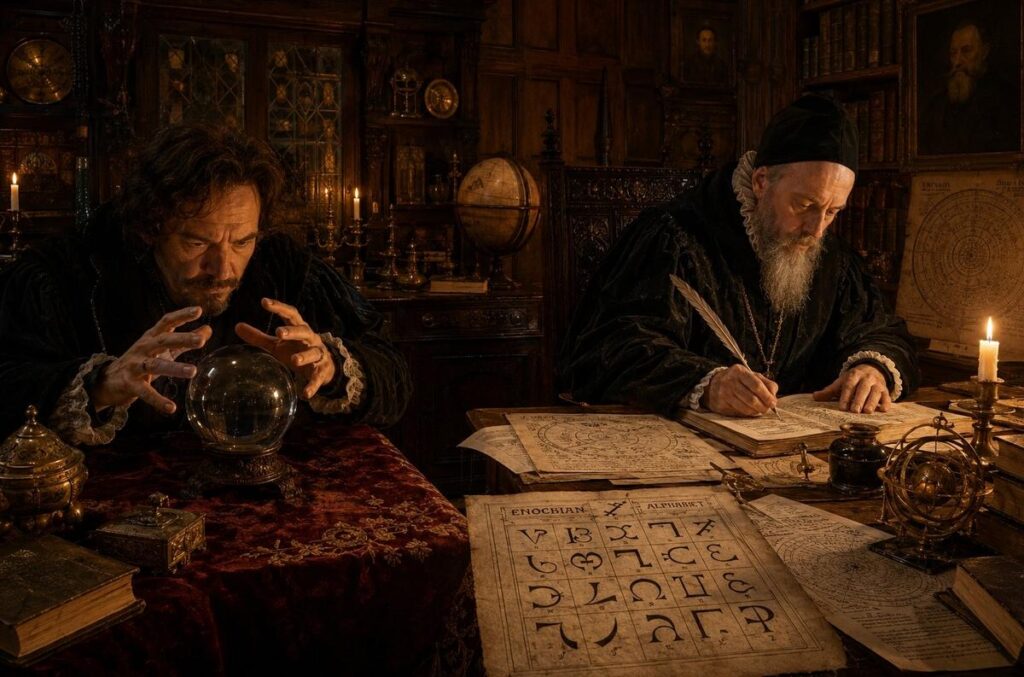 John Dee writing while Edward Kelley gazes into a crystal ball in a candle-lit Elizabethan study.