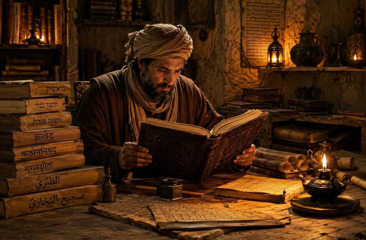 Scholar in candlelit scriptorium surrounded by ancient manuscripts in multiple sacred languages