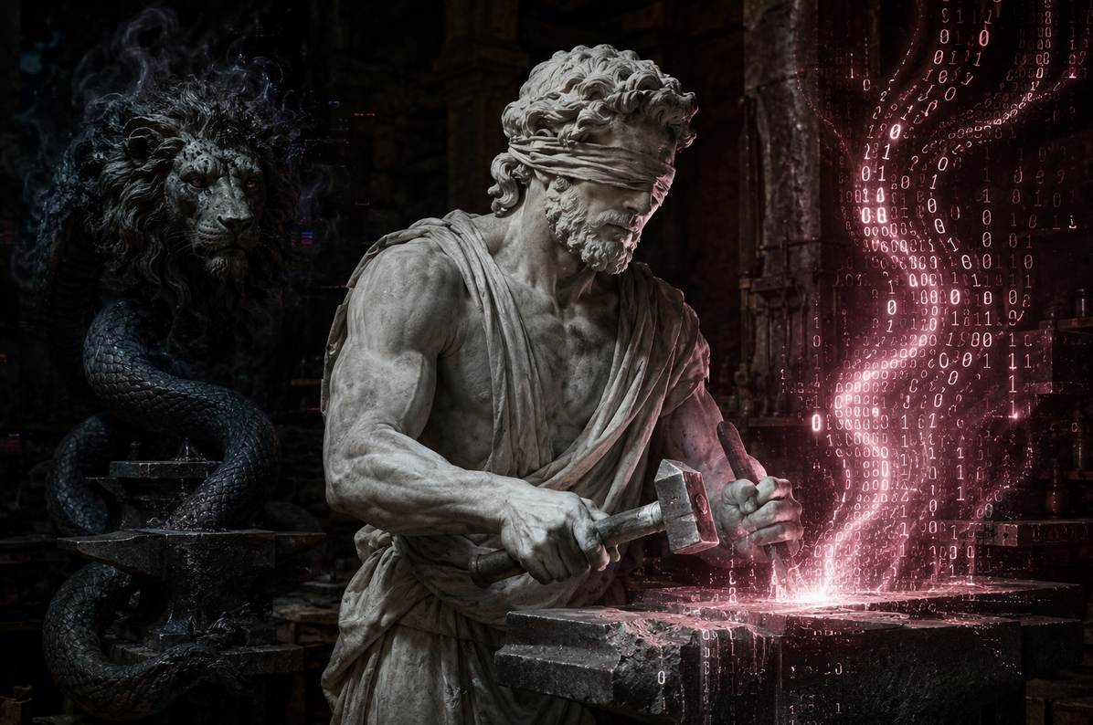A blindfolded classical sculptor at a forge emitting binary code and pink light