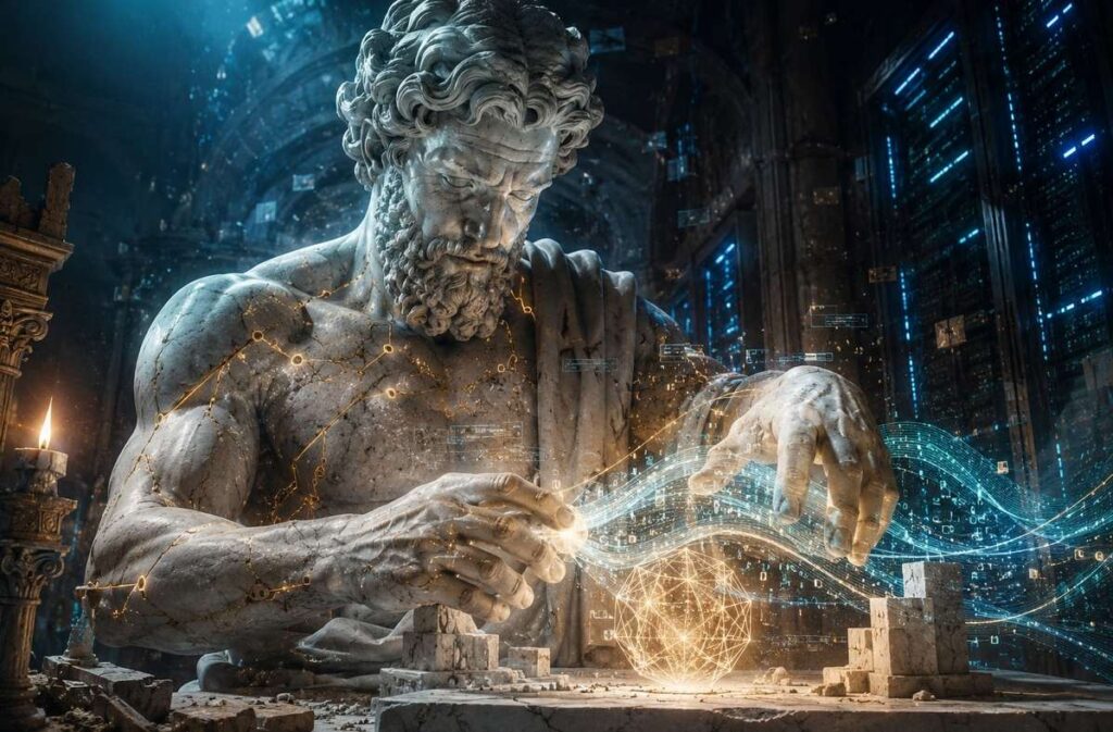 Classical sculpture of divine craftsman shaping data streams into geometric forms