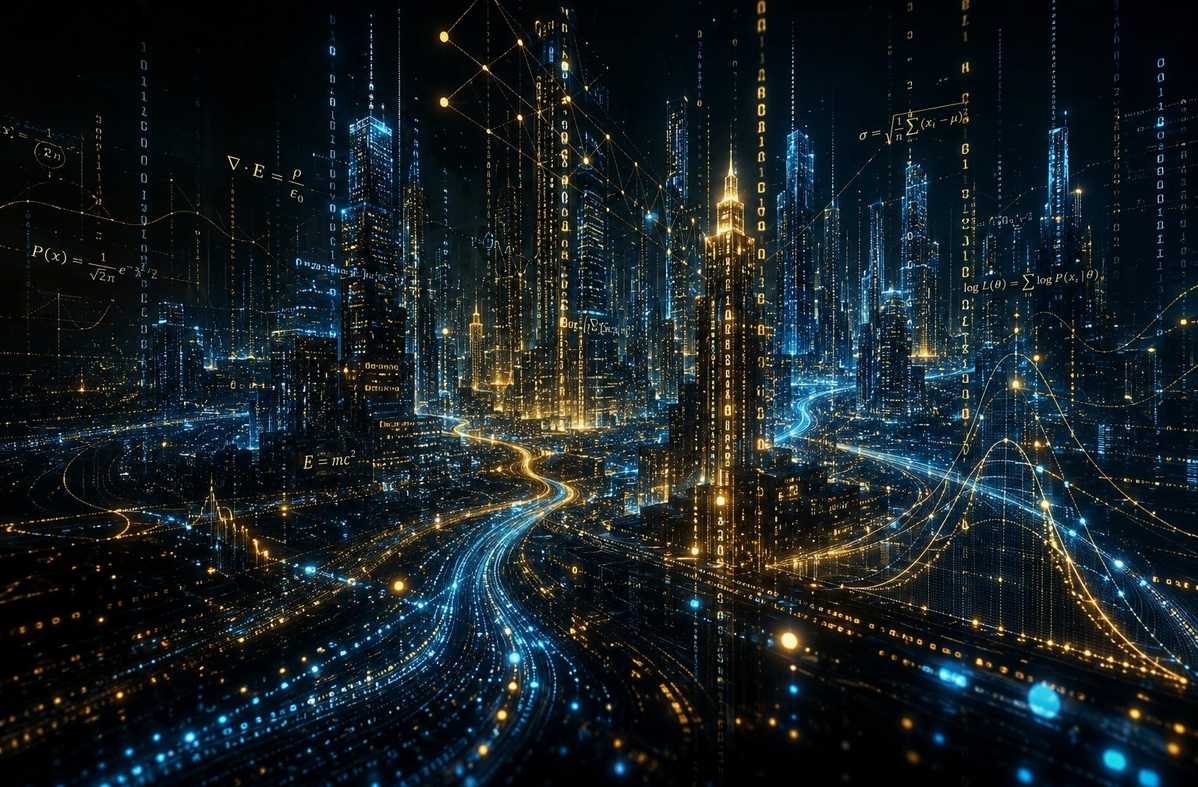 Abstract visualization of latent space vectors and neural network weights forming a cityscape from pure data