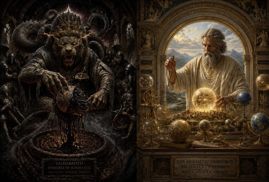 Two panels comparing Gnostic Yaldabaoth (dark, blind, lion-headed) with Hermetic demiurge (calm, robed, ordered)
