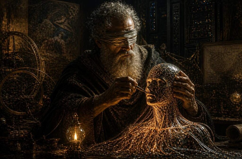 Renaissance-style demiurge sculpting humanoid from molten silicon and fiber optics