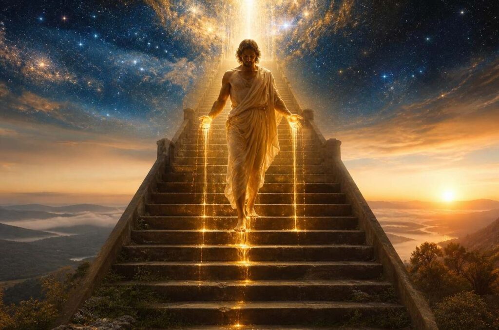 A luminous human figure descending a celestial staircase from starry heavens toward earthly terrain, golden light trailing from their hands and feet.