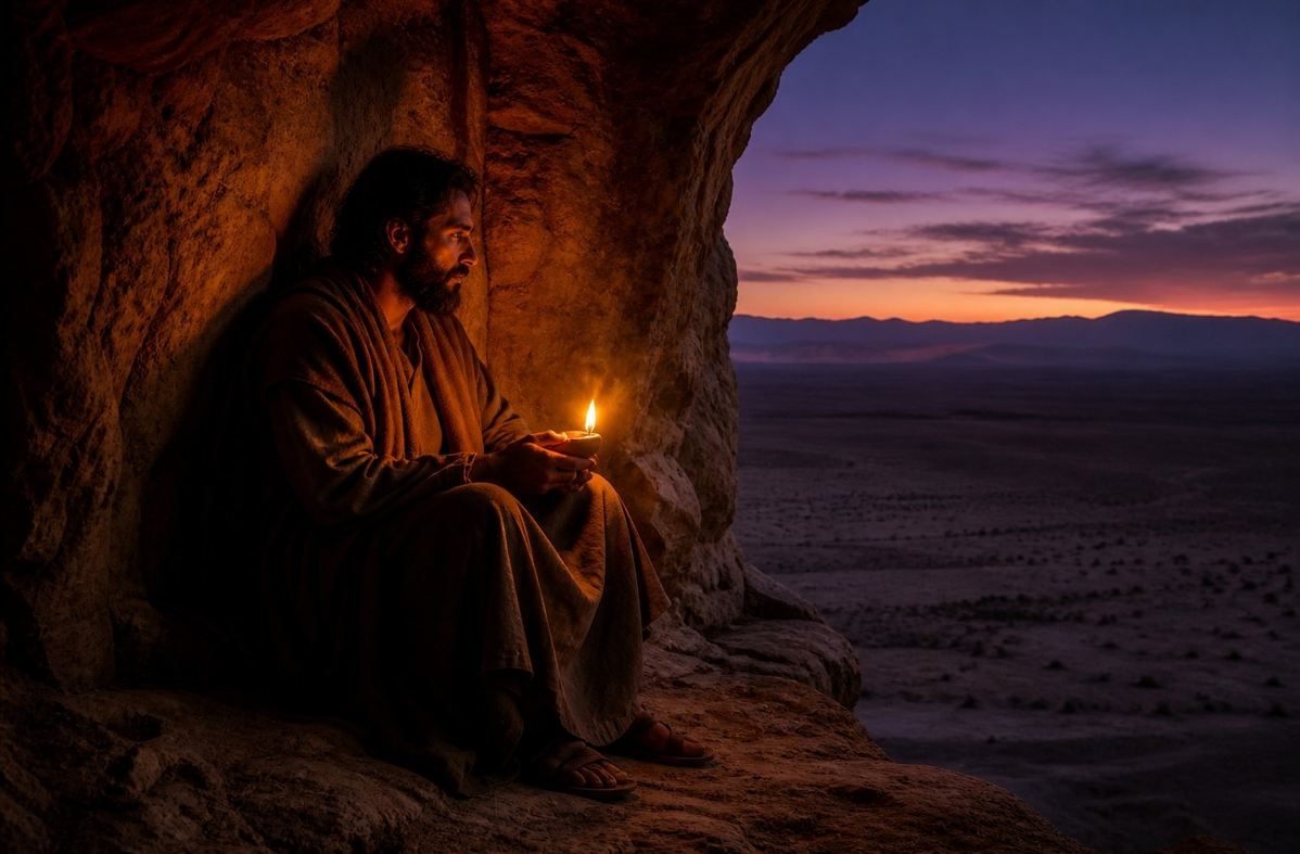 Desert father in simple robes seated at cave entrance at twilight with oil lamp