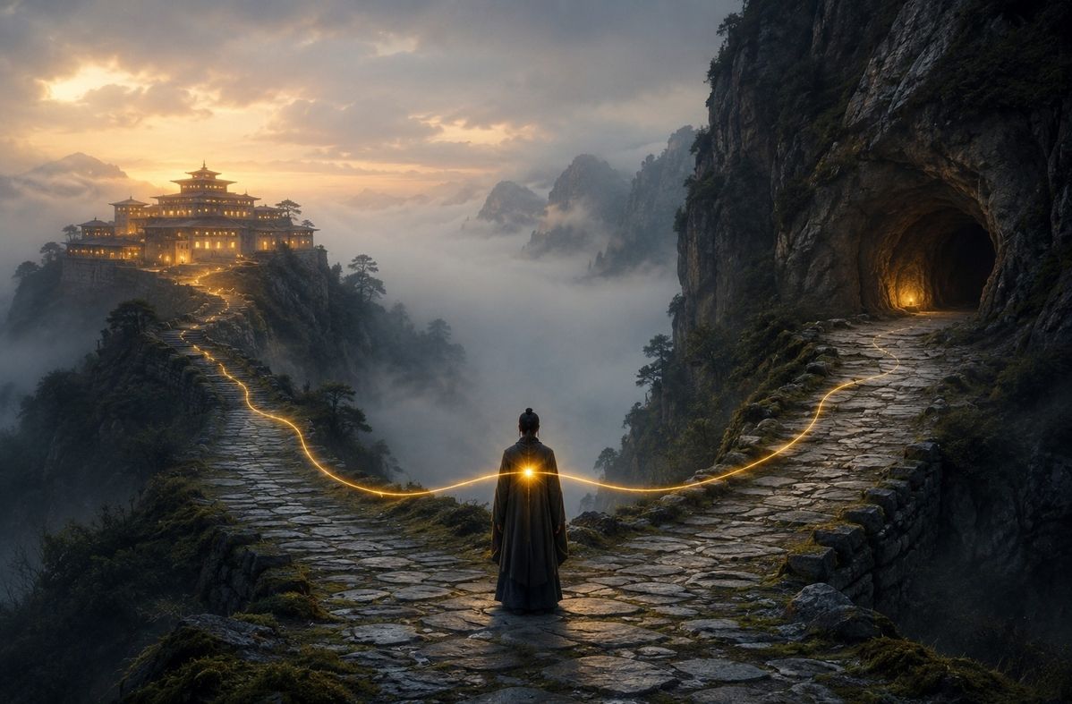Contemplative figure at stone crossroads between monastery and mountain cave, luminous thread connecting both paths