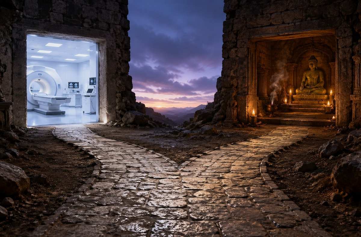 A surrealist image of a single road splitting into two diverging paths, one leading into a sterile clinical laboratory and the other into a candlelit temple, representing the differential diagnosis between pathology and spiritual emergency