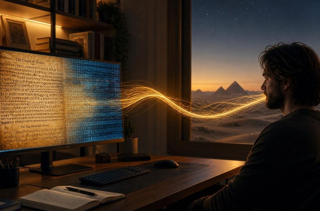 Modern seeker at computer screen with ancient Coptic text and digital code interweaving, holographic golden thread connecting monitor to desert landscape