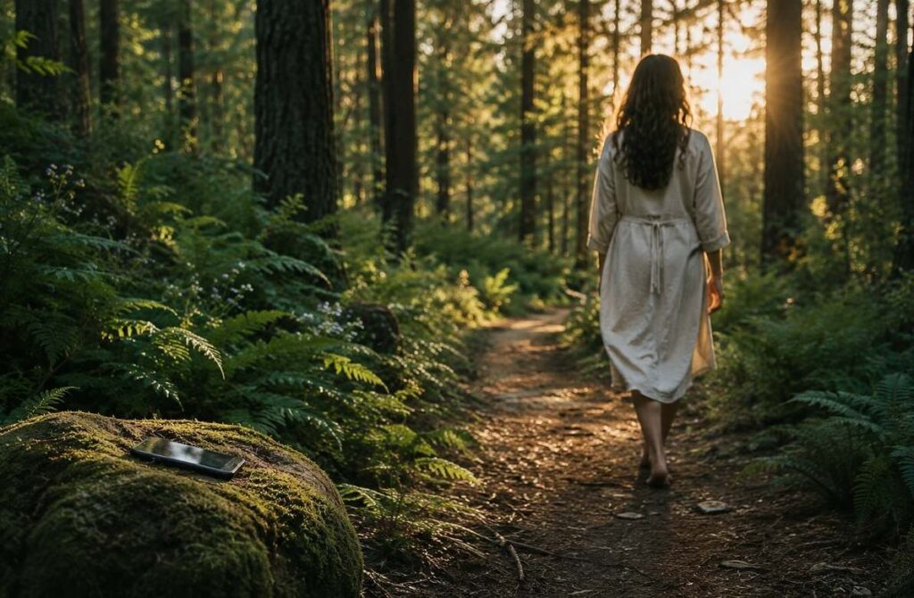 A person walking through a forest with phone left behind on a mossy stone, representing the deliberate reclaiming of attention