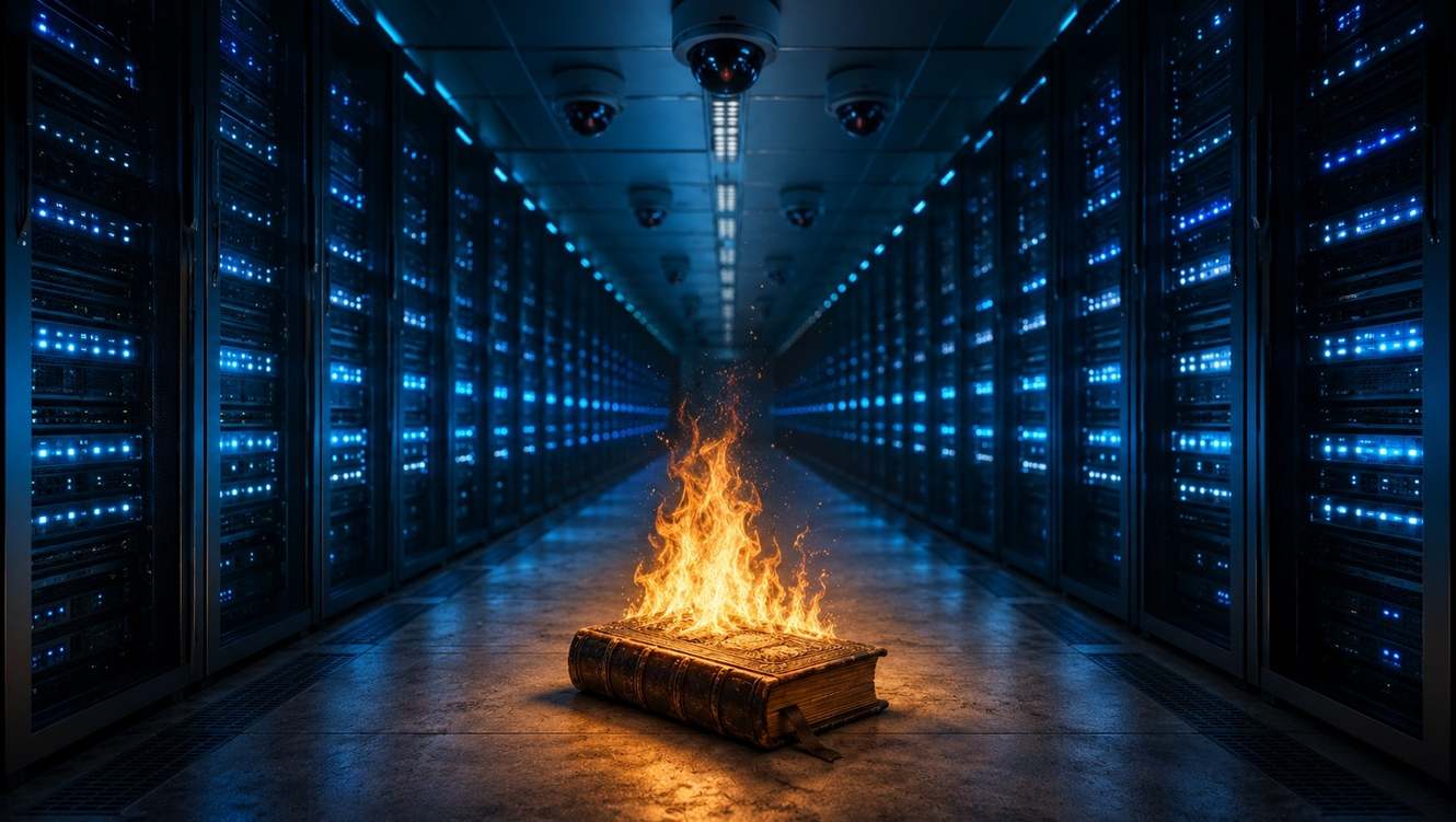 Data centre corridor with server racks where an ancient book burns with golden flame