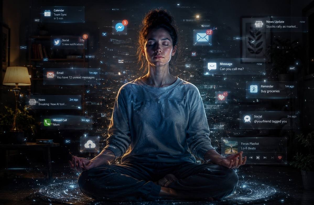 Modern figure surrounded by holographic digital notifications while maintaining meditative posture