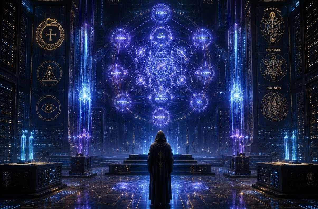 Futuristic cyber temple with holographic sacred geometry and digital light streams