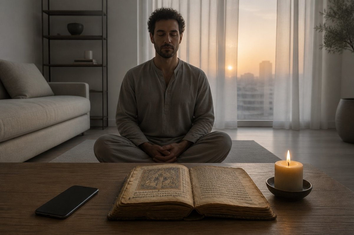 Contemplative seeker in modern apartment with smartphone face-down beside ancient codex