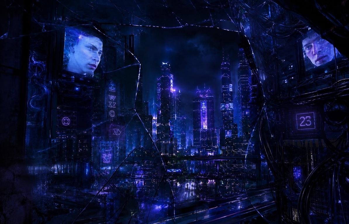Modern digital encryption fused with Enochian angelic script in a cyberpunk aesthetic