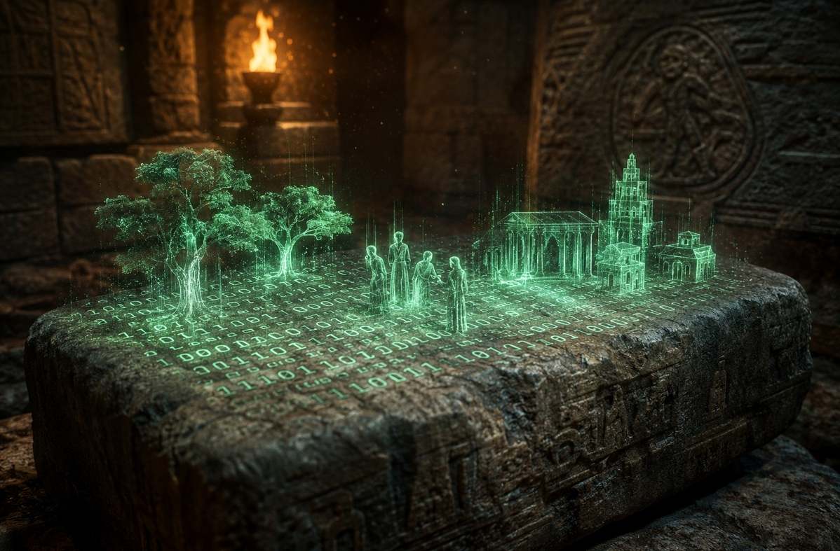 An ancient stone tablet with glowing binary code etched into its surface and 3D material objects emerging as holographic projections