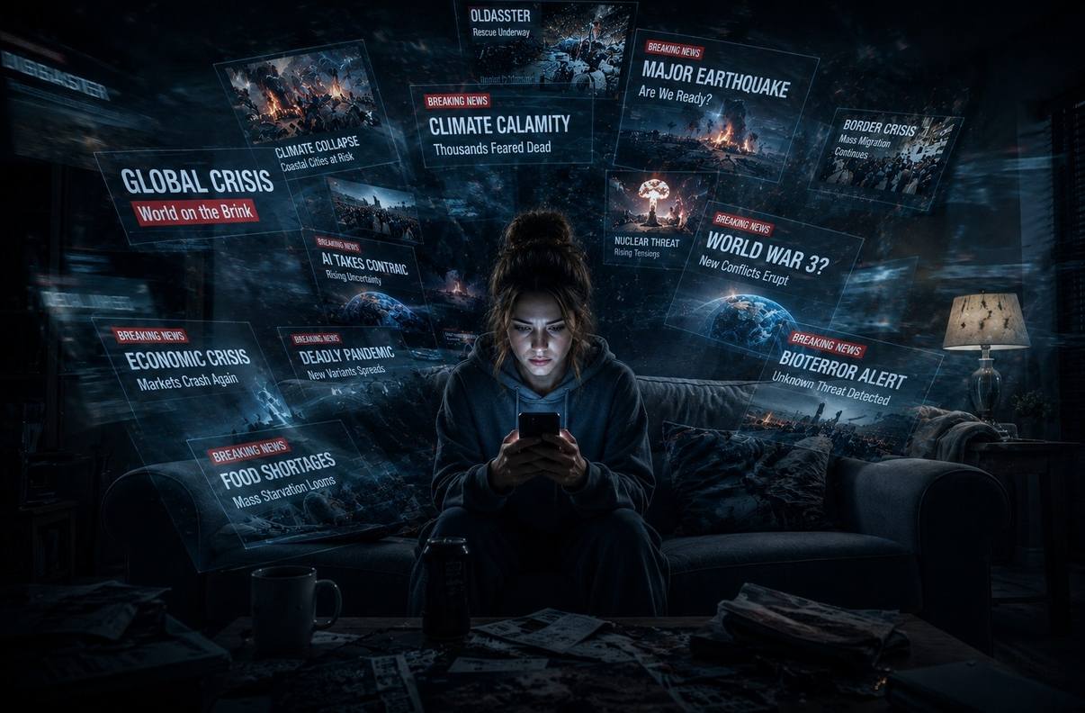 Person paralysed on sofa surrounded by floating holographic news headlines