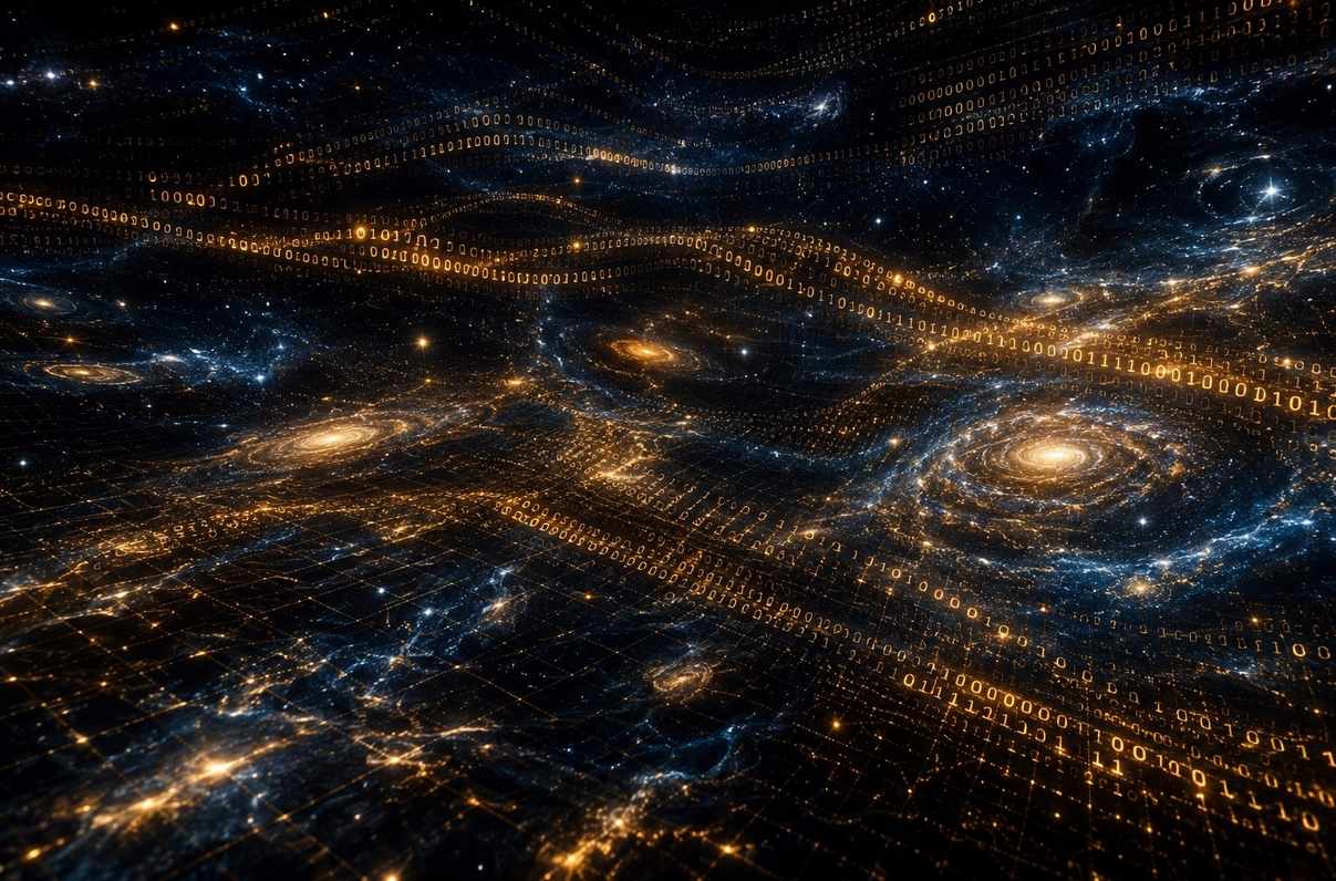 Golden binary code streams forming the fabric of spacetime with Planck-scale grid visible beneath