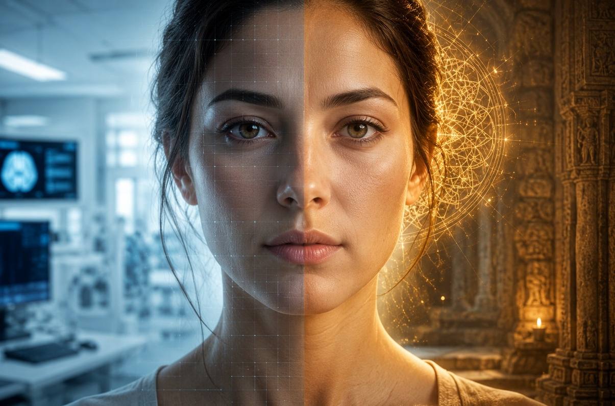 Split face portrait: one half observed by clinical eye with diagnostic grid overlay, other half observed by contemplative eye with mandala pattern