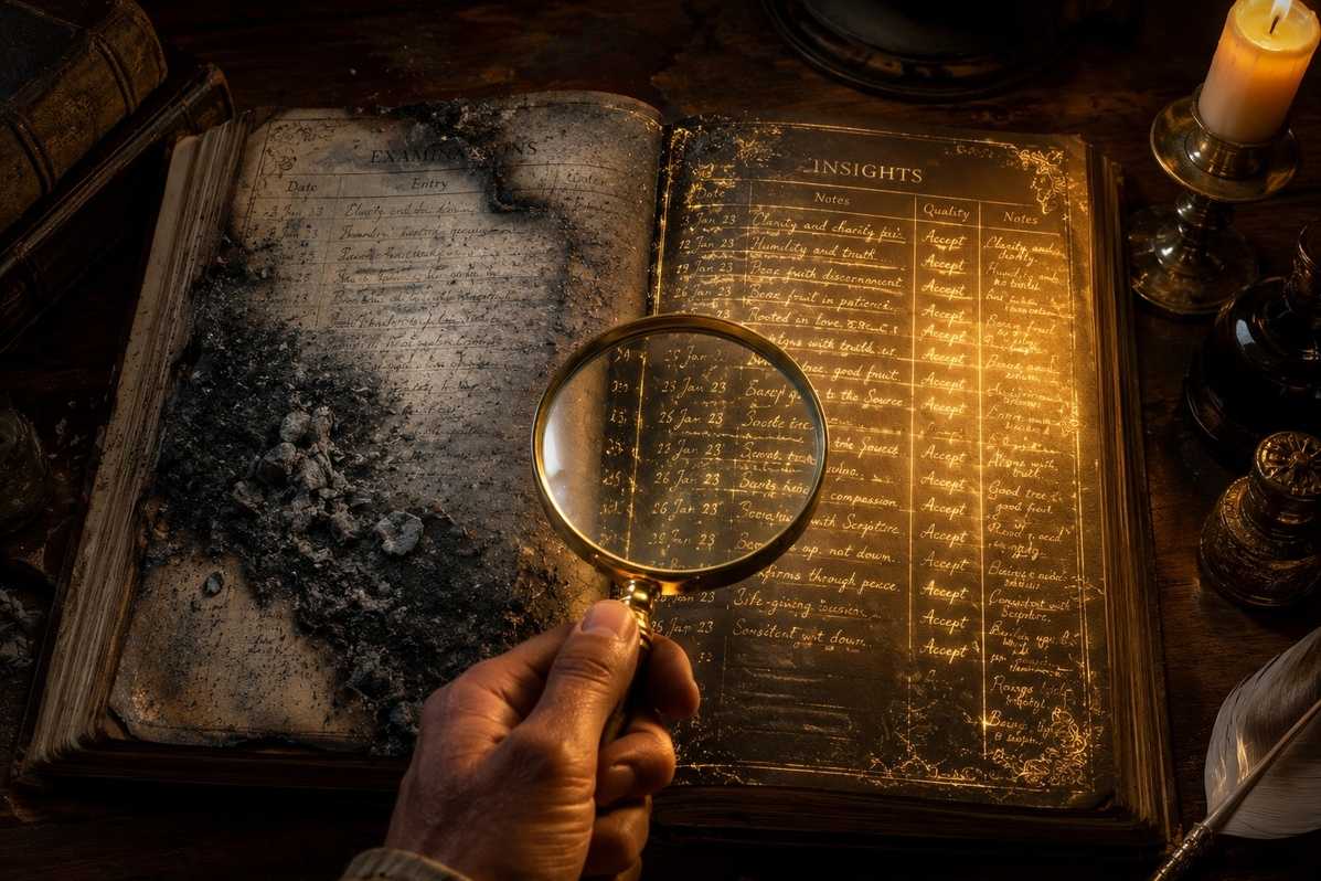 Ancient ledger book with glowing entries being examined by a magnifying glass, some entries fading while others brighten