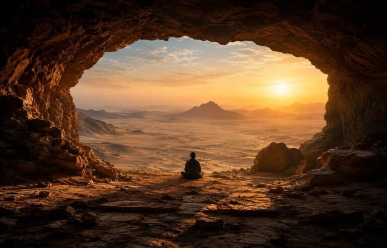 A solitary figure meditating at the threshold of a vast desert cave at dawn, golden light streaming across the landscape