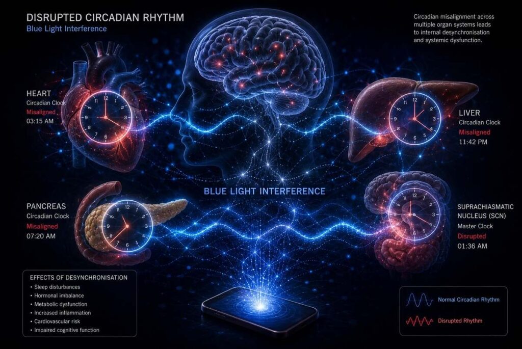 Abstract visualization of misaligned biological clocks in organs with blue light interference