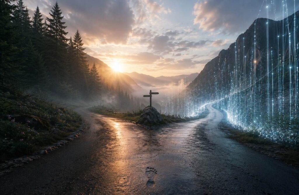 A mountain road fork at dawn, one path into forest and one into fibre-optic light, with a single footprint at the junction.
