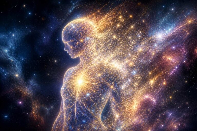 Abstract luminous figure with neural network patterns dissolving into starlight, representing the divine spark shining through when the selfing mechanism quiets
