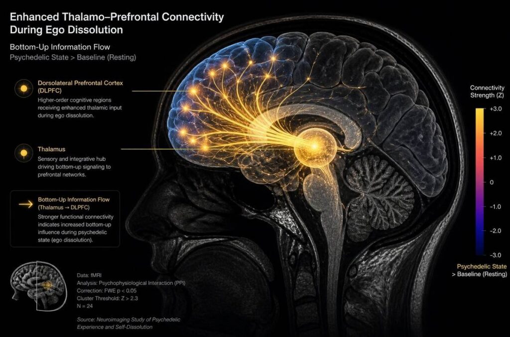 Neuroimaging visualization showing enhanced connectivity between the thalamus and dorsolateral prefrontal cortex during psychedelic ego dissolution