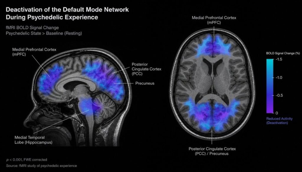 fMRI brain scan showing reduced activity in default mode network regions during psychedelic experience, with cooler colours indicating deactivation