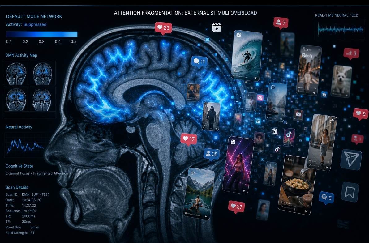 A brain scan visualization showing suppressed default mode network activity overlaid with scattered social media notification icons, representing attention fragmentation