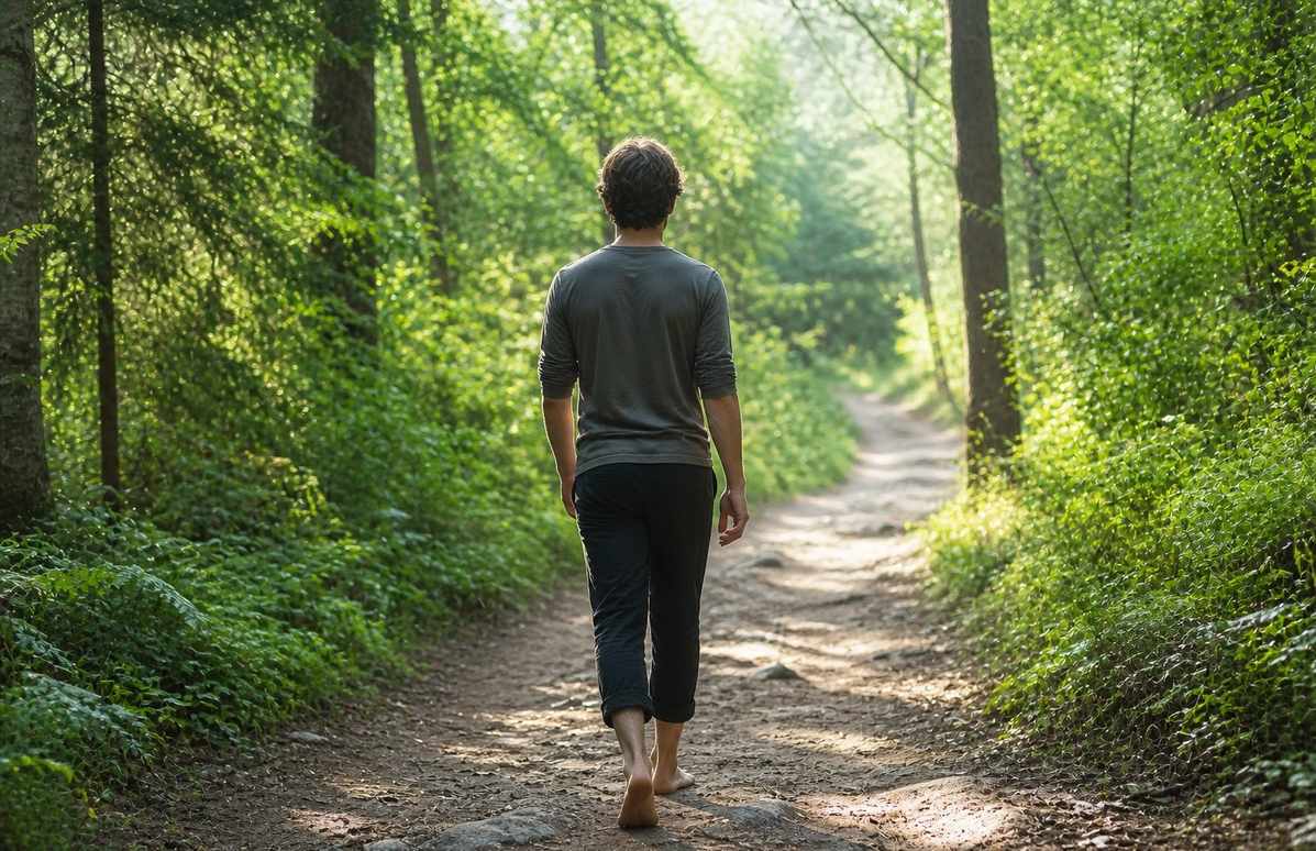 A person walking barefoot on a forest path without a phone, surrounded by natural light and greenery, representing neurochemical recovery through low-stimulation environments