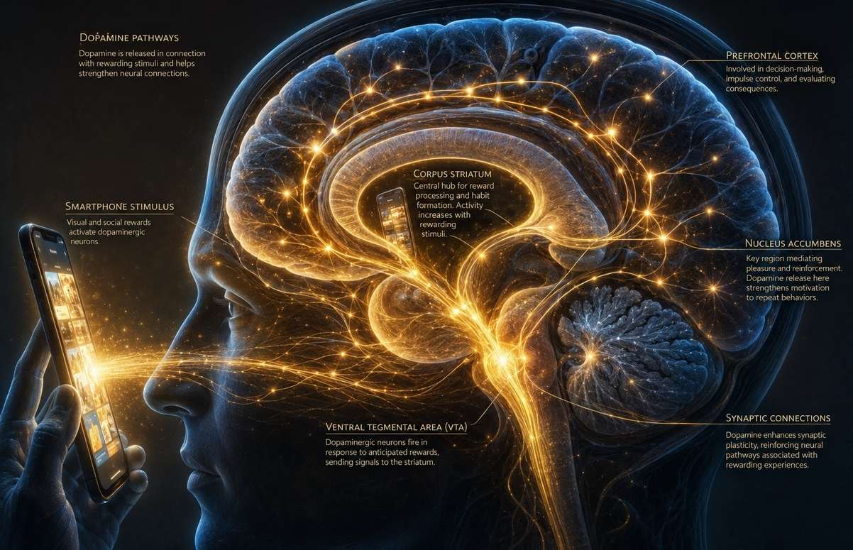 Human brain with golden dopamine pathways looping between smartphone and neural reward centres