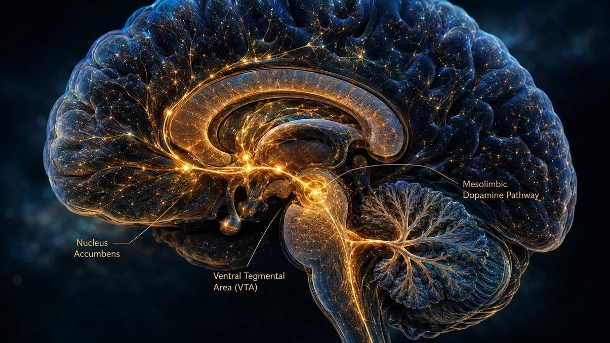 Luminous cross-section of human brain with golden dopamine pathways illuminated along mesolimbic route