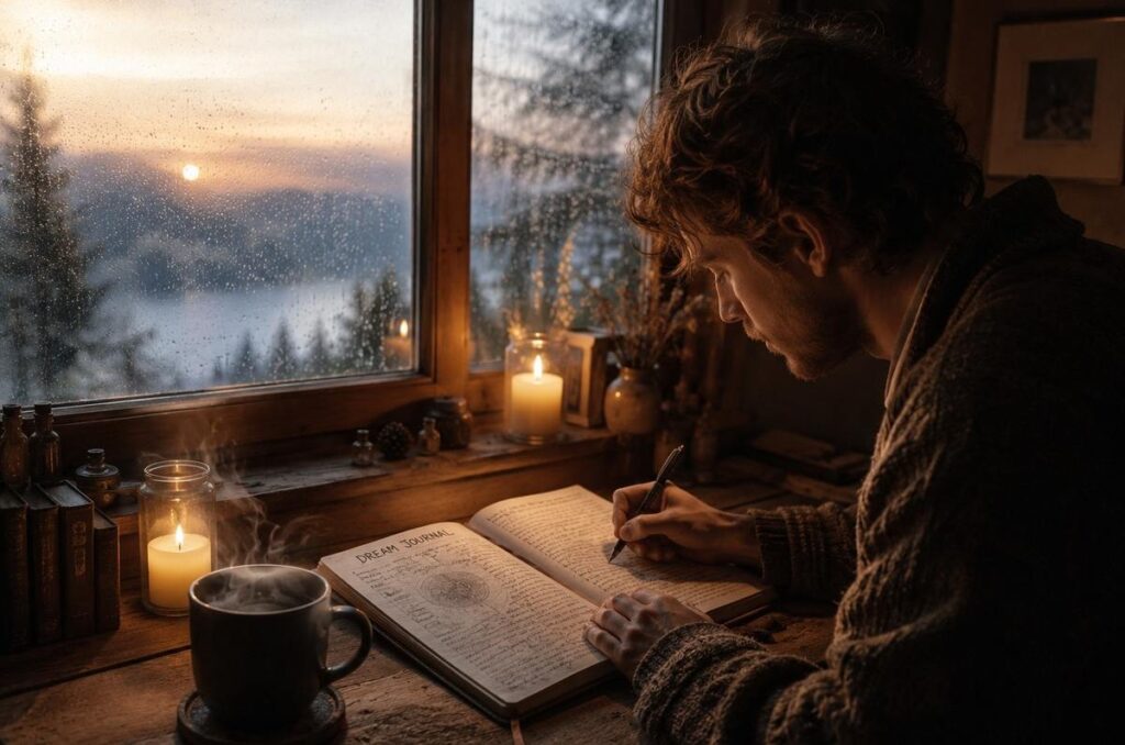 Person journaling by candlelight at dawn after waking from lucid dream
