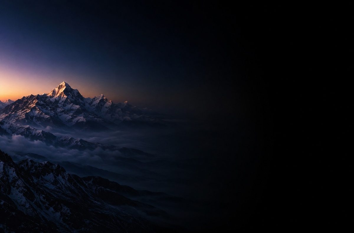 A vast Himalayan landscape at twilight merging into pure empty space, representing the Dzogchen ground as empty essence and natural luminosity