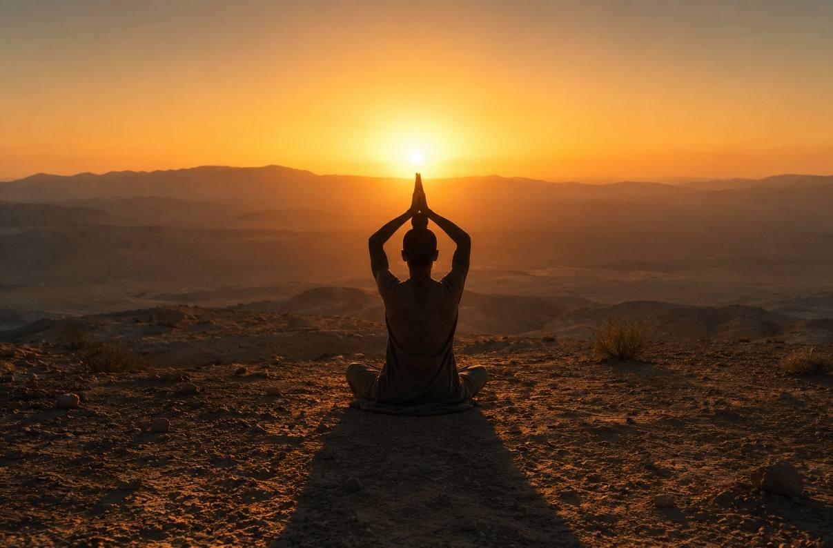 Silhouette of practitioner facing east at dawn with hands in prayer position