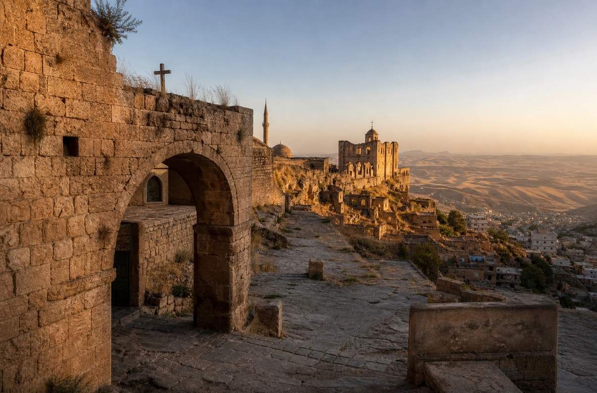 Ancient stone city of Edessa with Syrian Christian monastery ruins and desert landscape at golden hour