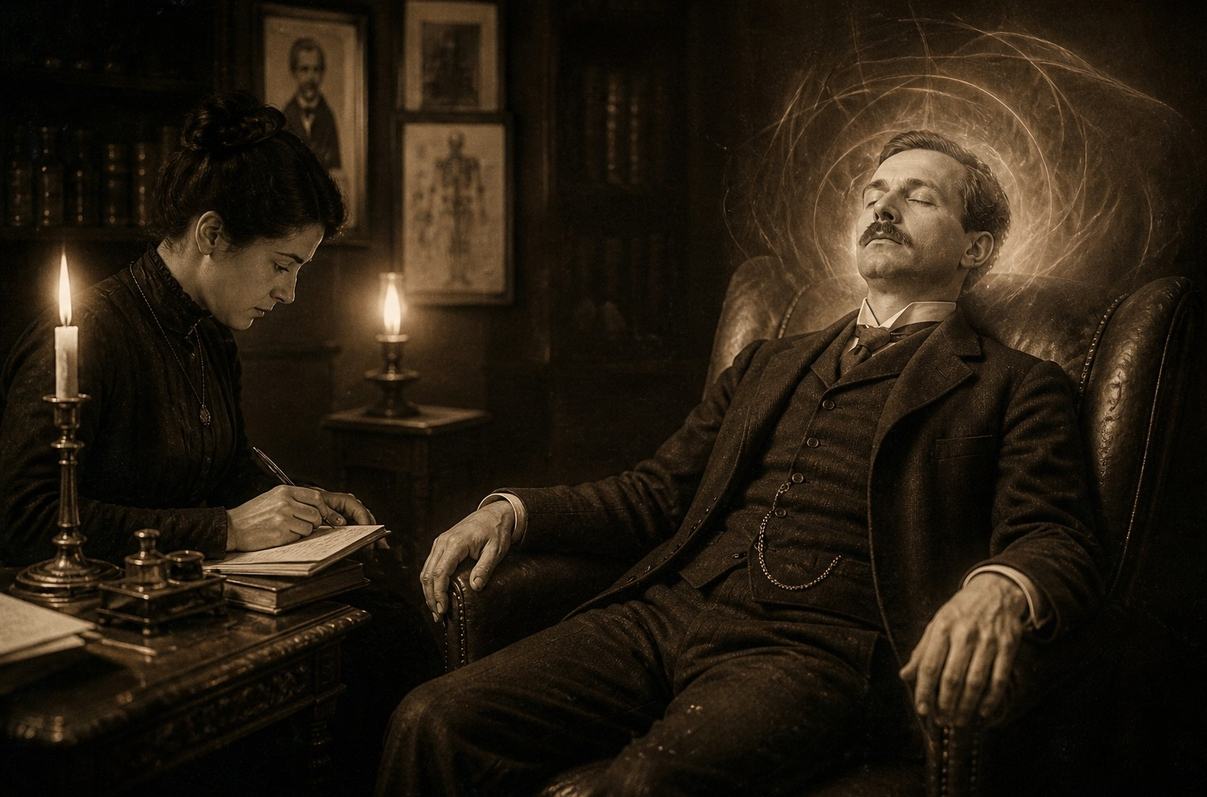 A vintage photograph style image of a man reclining in a deep trance state while a secretary takes notes, evoking the era of Edgar Cayce's psychic readings