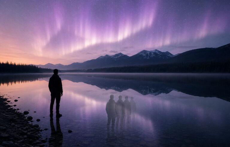 Human silhouette at lake edge with four fading reflections representing ego dissolution spectrum
