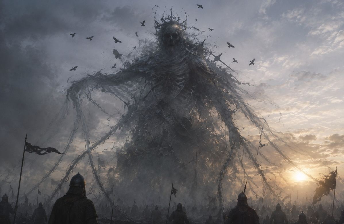 A towering semi-transparent egregore composed of smoke and debris looming over a fog-shrouded battlefield at dawn