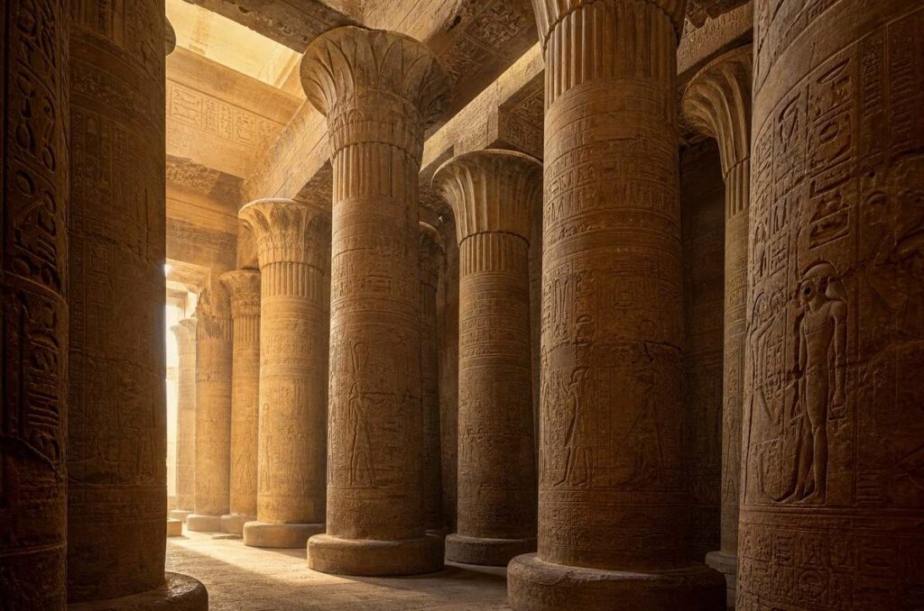 Ancient Egyptian hypostyle hall with massive papyrus-form columns and hieroglyphic inscriptions