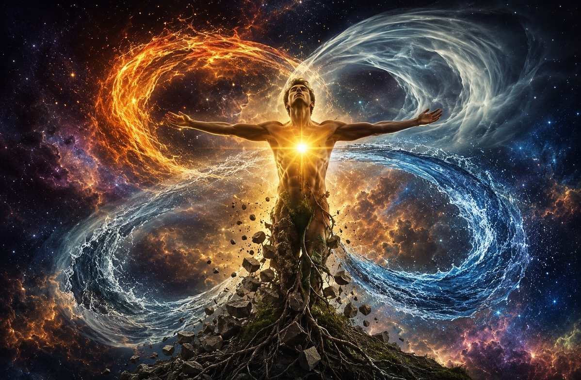 A human figure standing with arms outstretched as four elemental forces--earth, water, fire, and air--swirl in balanced orbit around the body