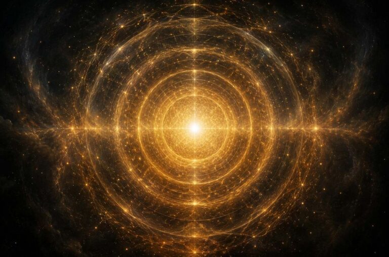 Single point of brilliant white light radiating concentric rings through geometric spheres representing levels of emanation