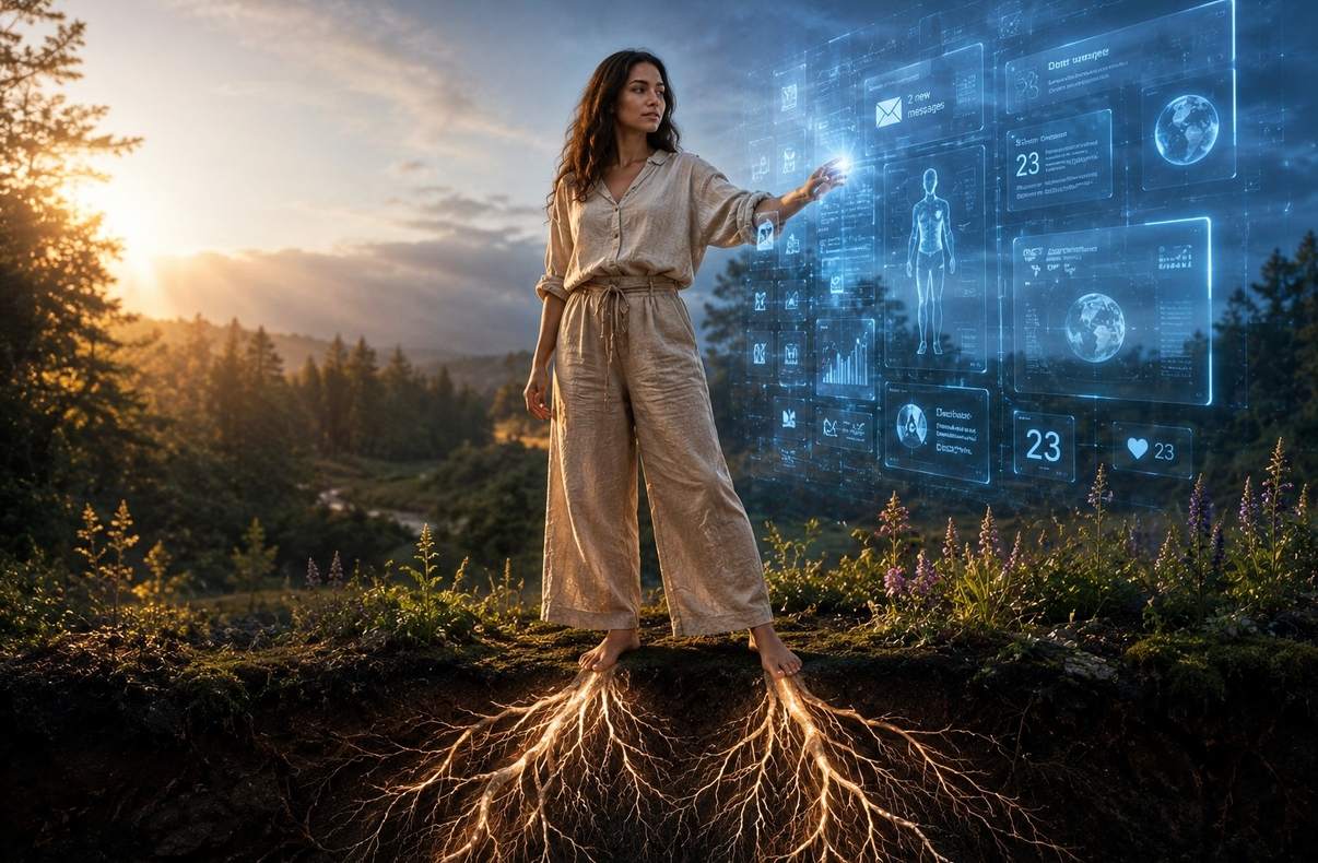 Human figure standing firmly on earth with roots growing from feet into soil while one hand gently touches a glowing digital interface