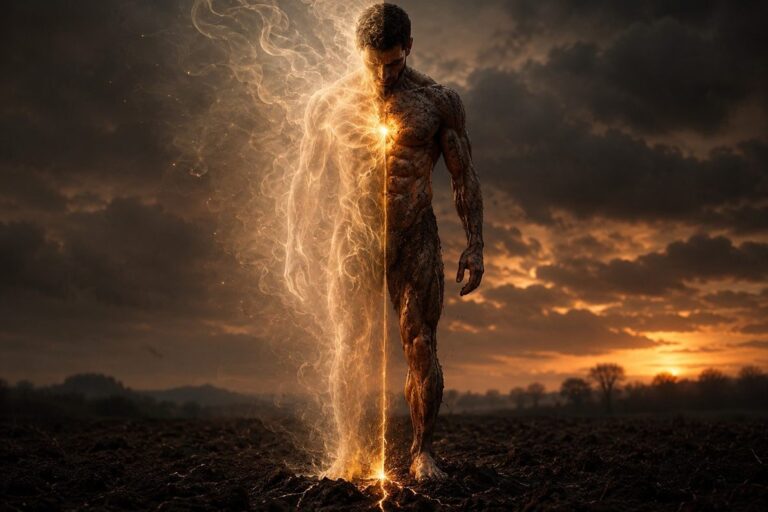 Solitary figure standing barefoot on soil, half ethereal mist half solid muscular body with golden thread to ground