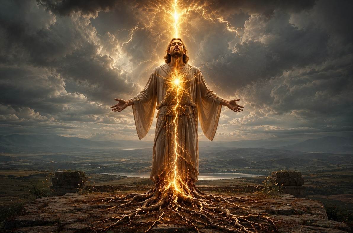 Figure standing firmly on earth with roots growing from feet and golden light rising through body