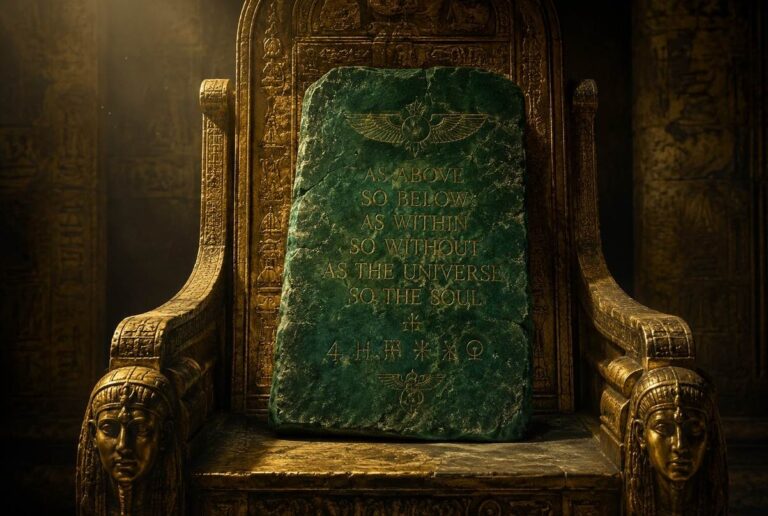 Weathered emerald-green stone tablet resting on an ancient golden throne in a dimly lit subterranean chamber