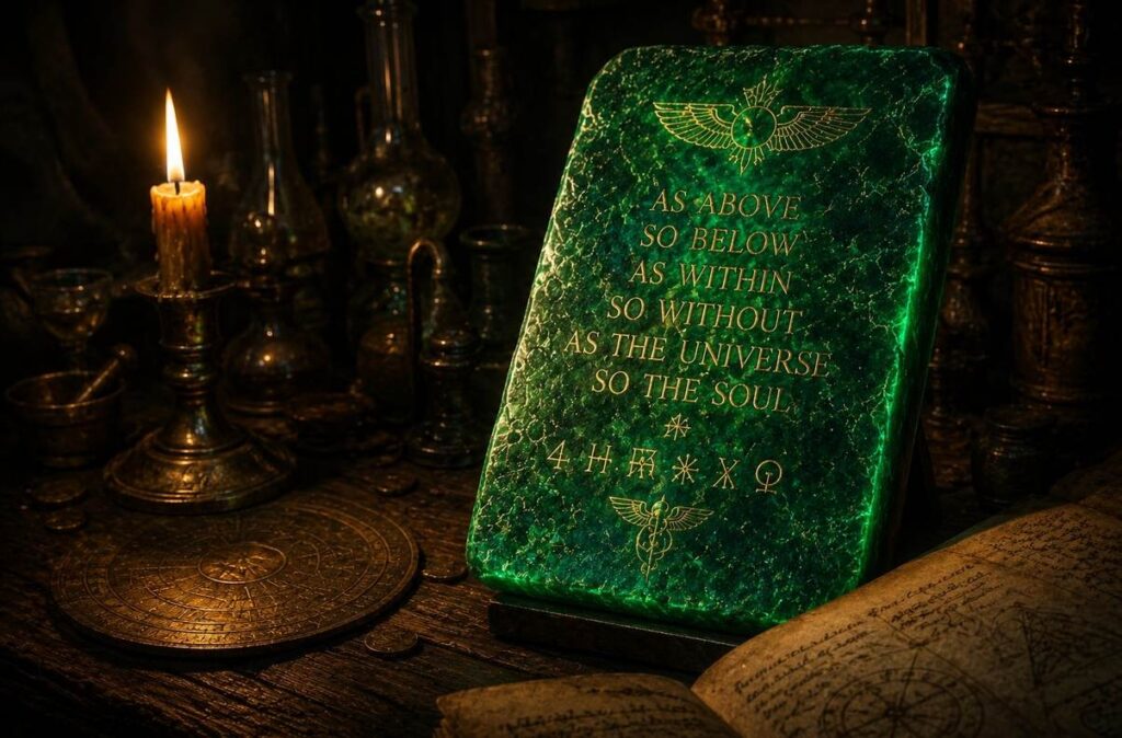 Glowing emerald tablet with ancient Hermetic inscription illuminated by golden candlelight in a dark alchemical chamber