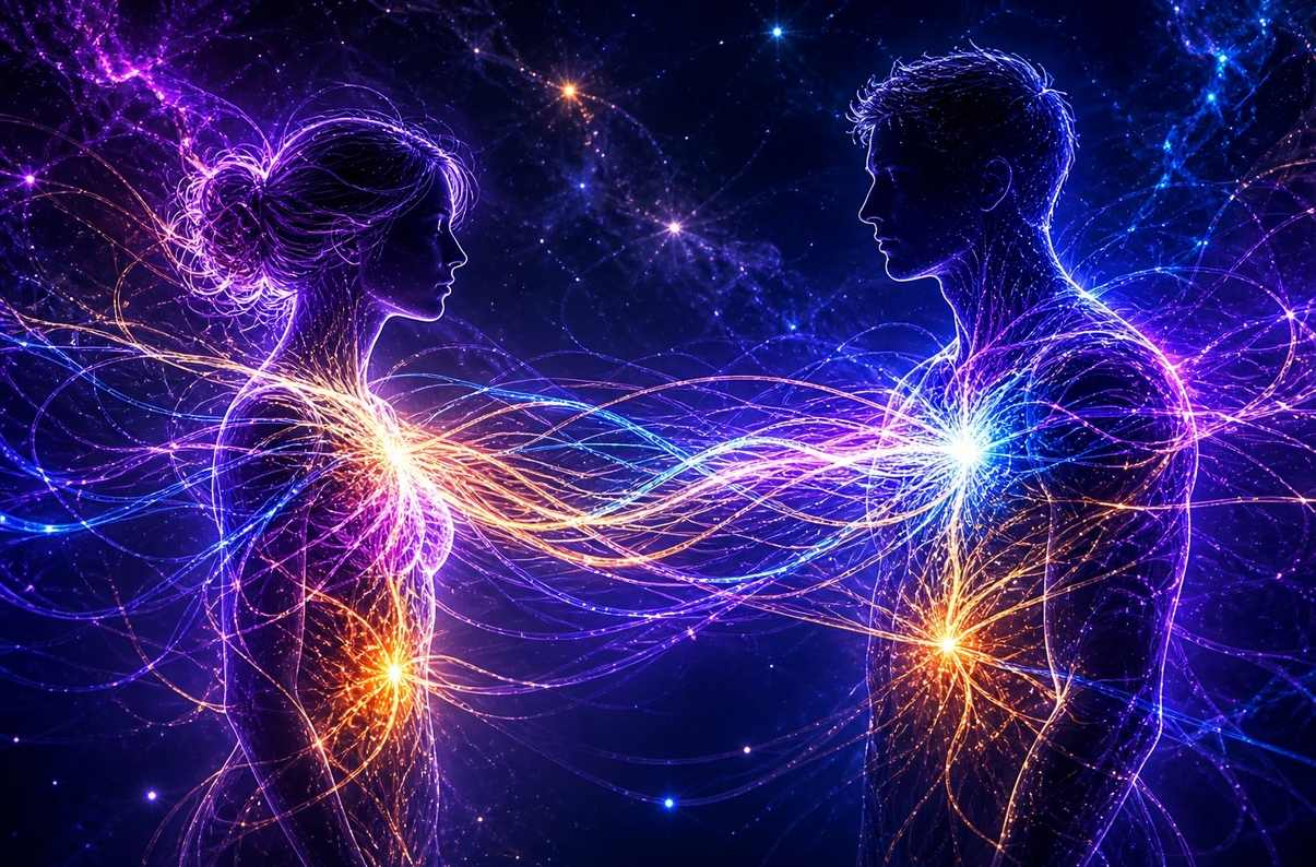 An abstract illustration of two human silhouettes connected by luminous threads of light flowing from one to the other against a dark background
